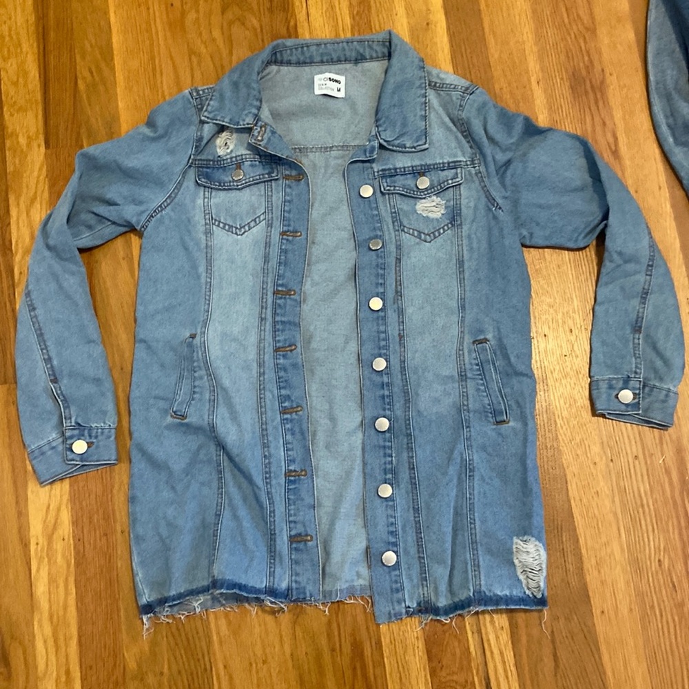 Ci Sono Long Distressed Denim Jacket